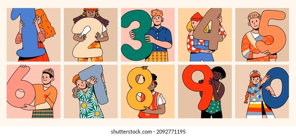 Boys and Girls holding numbers. Set of happy joyful people showing big numbers. Education, birhtday, celebrating achievements concept. Cartoon comic style. Hand drawn modern Vector illustration
