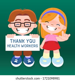 Boys and girls holding signs Thank you health workers in hospitals fighting the coronavirus(COVID-19), Vector illustration background for your design