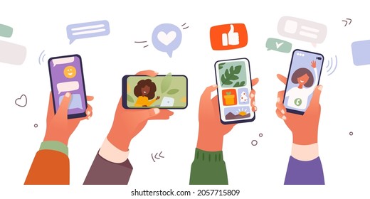 Boys and girls holding smartphones, chatting, and watching videos on the internet. Users surfing on social media and liking photos. Female character talking in a video conference. Flat illustration.