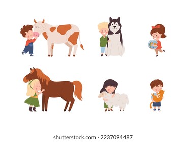 Boys and girls hugging and petting domestic pets and taking care of farm animals. Children with pets collection, flat vector illustration isolated on white background.