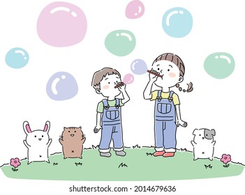 Boys and girls inflating soap bubbles