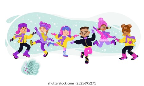 Meninos e meninas pulando em roupas brilhantes de inverno. Crianças felizes se divertem na neve. Atividades ao ar livre no inverno.  Desenhos animados de crianças multi-étnicas. Ilustração de vetor plana colorida desenhada à mão.