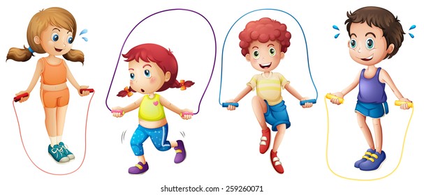 Boys and girls jumping on ropes