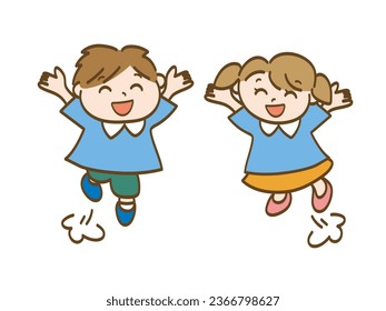 Boys and girls jumping and rejoicing_Nursery school children