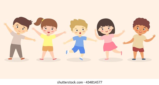 Boys and Girls Kid Set Cartoon. Vector illustration of fun cute multi ethnic kids group icon. 