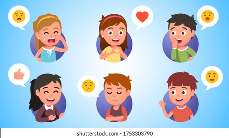 Boys and girls kids gesturing, expressing emotions. Happy, sad & surprised children crying, showing gestures, covering mouth, waving hand. Person facial expressions emoticons set. Flat vector illustration