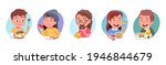 Boys, girls kids having breakfast or lunch meals. People eating, drinking diverse food, drinks. Smiling children enjoy various dishes. Eating habits nutrition set. Flat vector character illustration
