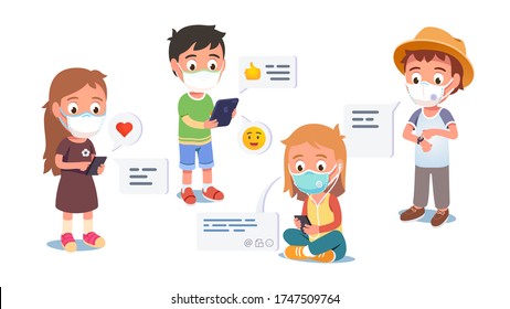 Boys girls kids in masks texting via tablet, cell phone, smart watch communicating during coronavirus pandemic lockdown. Children send chat messages. Communication technology. Flat vector illustration