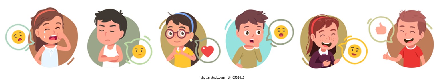Boys, girls kids people gesturing, expressing emotions. Happy smiling, sad, surprised children crying, showing gestures, covering mouth, waving hand. Facial expressions set. Flat vector illustration