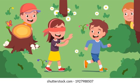 Boys, girls kids playing hide and seek on beautiful summer lawn. Blindfolded girl seeking friends hiding behind bushes, trees. Happy children enjoying outdoor game activity. Flat vector illustration