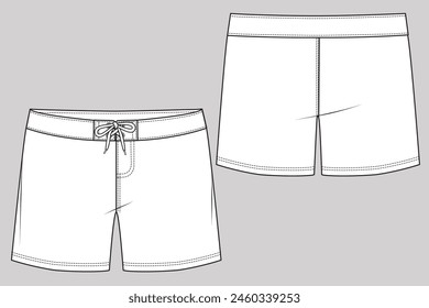 Boys Girls Kids Swim Shorts Technical Fashion Flat Sketch Mock Up Cad Design