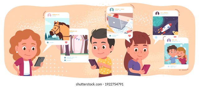 Boys, girls kids using mobile cell phones surfing, posting, commenting on social network. Children persons communicate online on smartphones. Internet communication concept flat vector illustration