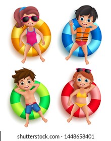 Boys and girls kids vector characters floating with colorful lifebuoy with happy and relax poses wearing beach and swimming attires isolated in white. Vector illustration.
