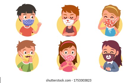 Boys & girls kids wearing cute masks communication design set. Gesturing, expressing emotions during coronavirus pandemic. Children laughing, crying, showing gestures, waving hand. Vector illustration