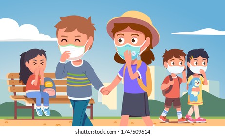 Boys & girls kids wearing protective masks & walking in summer city park. People couple coughing. Outside leisure activity during coronavirus pandemic. Flat vector isolated illustration