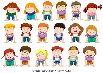 Boys and girls kneeling down illustration