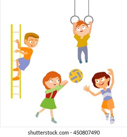 Boys and girls, little kids playing sports, vector illustration