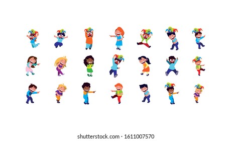 Boys and girls with mardi gras masks icon set design, Party carnival decoration celebration festival holiday fun new orleans and traditional theme Vector illustration