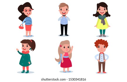Boys and girls in modern light clothing. Vector illustration.