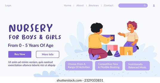 Boys and girls nursery, choose from a range of activities, competitive fees and flexible booking, nutritionally balanced meals. Website landing page, internet page template. Vector in flat style