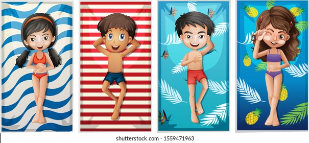 Boys and girls on beach towels illustration