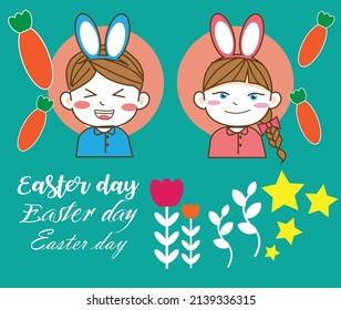 chicos y chicas en Pascua cuán felices con los símbolos de Pascua, incluyendo flores, conejillos y zanahorias