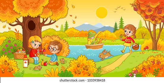 Boys and girls on a picnic. Children in the woods and fishing. Vector illustration in children`s style.