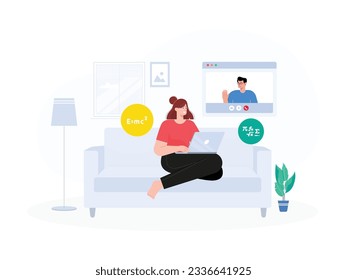 boys and girls are on video calls discussing math lessons and viewing online videos discussing math formulas
flat design, vector illustration