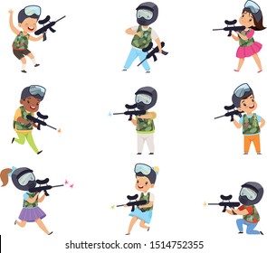Boys and girls paintball players set, little kids wearing masks and vests playing paintball aiming with guns vector Illustration on a white background