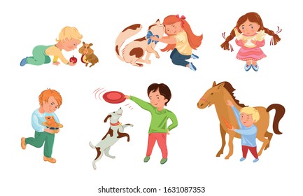 Boys and girls petting and playing with animals vector illustration