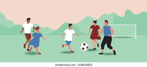 Niños y niñas juegan fútbol. Ilustración de material vectorial plano. Deportes o actividad física. Equipo de niños juntos