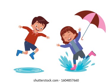 boys and girls play with puddles happily