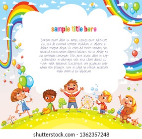 Boys and girls are playing in the Amusement park. Playground. Template for advertising brochure. Ready for your message. Children look up with interest. Funny cartoon character. Vector illustration