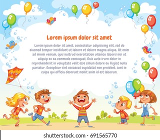 Boys and girls are playing in the Amusement park. Playground. Template for advertising brochure. Ready for your message. Children look up with interest. Funny cartoon character. Vector illustration