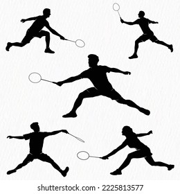 Boys and girls playing badminton silhouettes isolated on paper textured white background. Friends sport fun. Badminton players in action. 