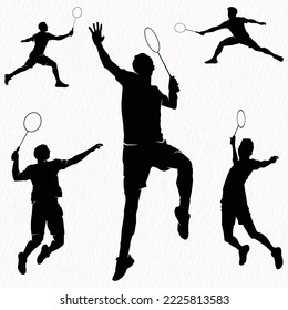 Boys and girls playing badminton silhouettes isolated on paper textured white background. Friends sport fun. Badminton players in action. 