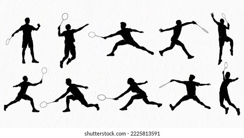 Boys and girls playing badminton silhouettes isolated on paper textured white background. Friends sport fun. Badminton players in action. 