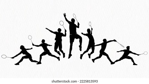 Boys and girls playing badminton silhouettes isolated on paper textured white background. Friends sport fun. Badminton players in action. 