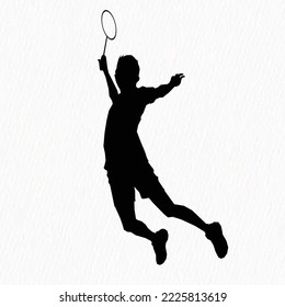Boys and girls playing badminton silhouettes isolated on paper textured white background. Friends sport fun. Badminton players in action. 