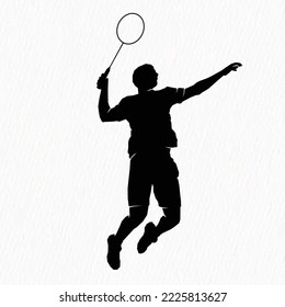 Boys and girls playing badminton silhouettes isolated on paper textured white background. Friends sport fun. Badminton players in action. 