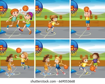 Boys And Girls Playing Basketball Illustration