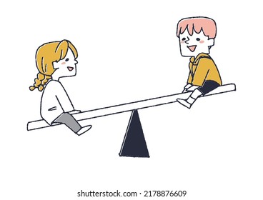 Boys and girls playing on seesaw Children enjoying life in kindergarten