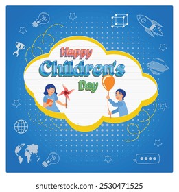 Boys and girls playing with paper windmills and balloons. Space doodle background. Children's Day concept. Flat vector illustration.