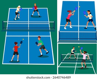 Boys and girls playing pickleball in sportswear on the court large set of pickleball players in different angles in motion Vector