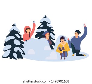 Boys and girls playing snowball fight hiding behind snowdrift. Happy kids throwing snowballs performing outdoor winter activity. Group of children enjoying snow. Colorful vector in flat cartoon style