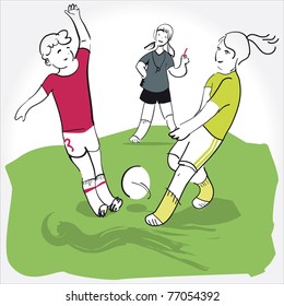 Boys and girls are playing soccer football in the park. Funny cartoon and vector scene.