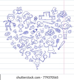 Boys and girls playing sports illustration Fitness, football, soccer, yoga, tennis, basketball, hockey, volleyball