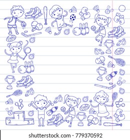 Boys and girls playing sports illustration Fitness, football, soccer, yoga, tennis, basketball, hockey, volleyball