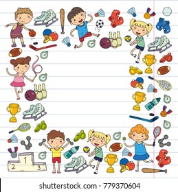 Boys and girls playing sports illustration Fitness, football, soccer, yoga, tennis, basketball, hockey, volleyball