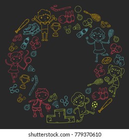 Boys and girls playing sports illustration Fitness, football, soccer, yoga, tennis, basketball, hockey, volleyball